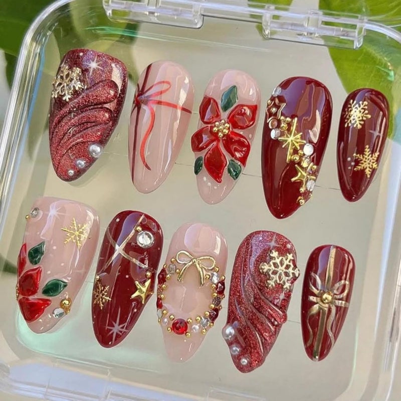 SEENEEY Christmas Press on Nails Almond Medium Long Fake Nails Red Artificial Nail 3D Flowers with Gold Charm Designs Sparkly Stick on Nail for Women 24pcs - Image 1
